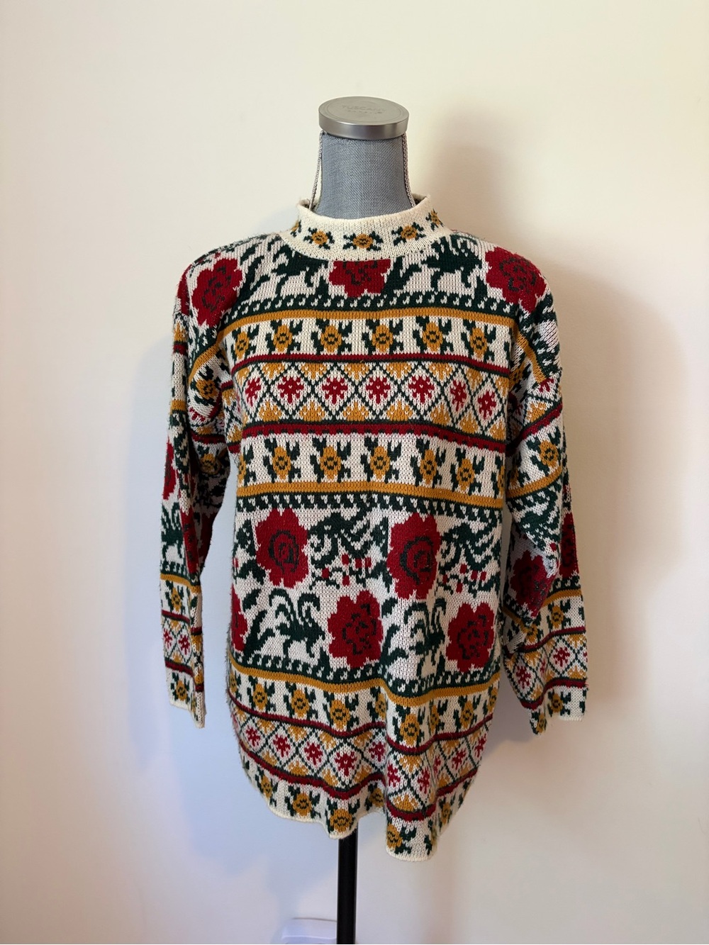 Vintage 80s Tapestry Grandma Floral Mock Neck Tunic Sweater Cream Red Green Deco